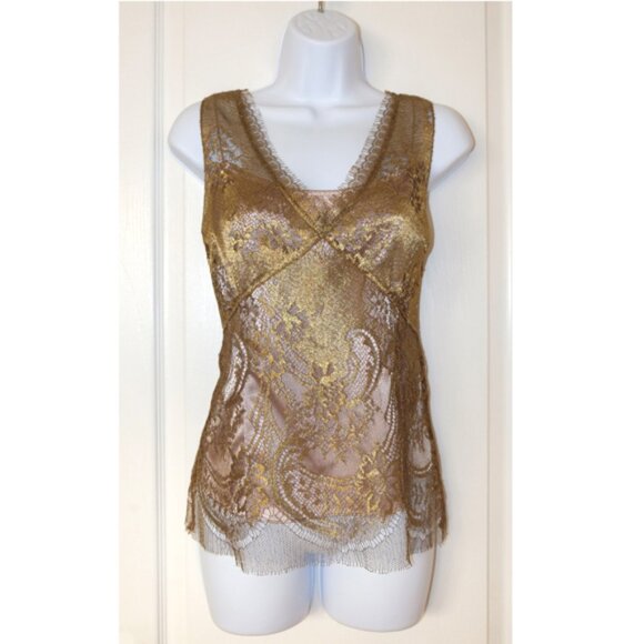 Elie Tahari burnished-gold lace sleeveless blouse with camisole - Picture 2 of 13